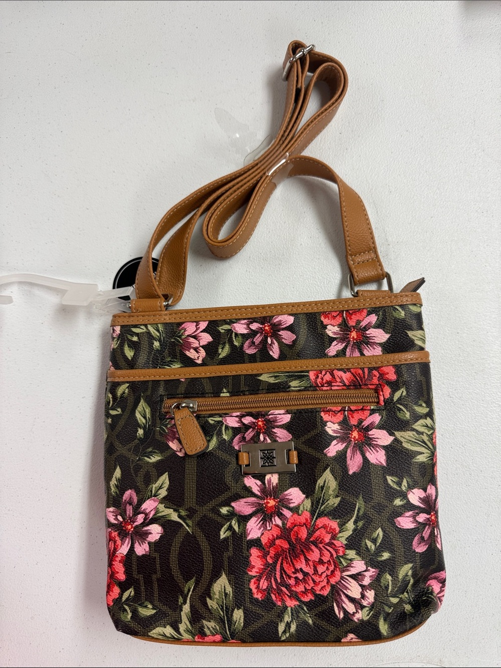 Floral Crossbody Bag with Tan Trim